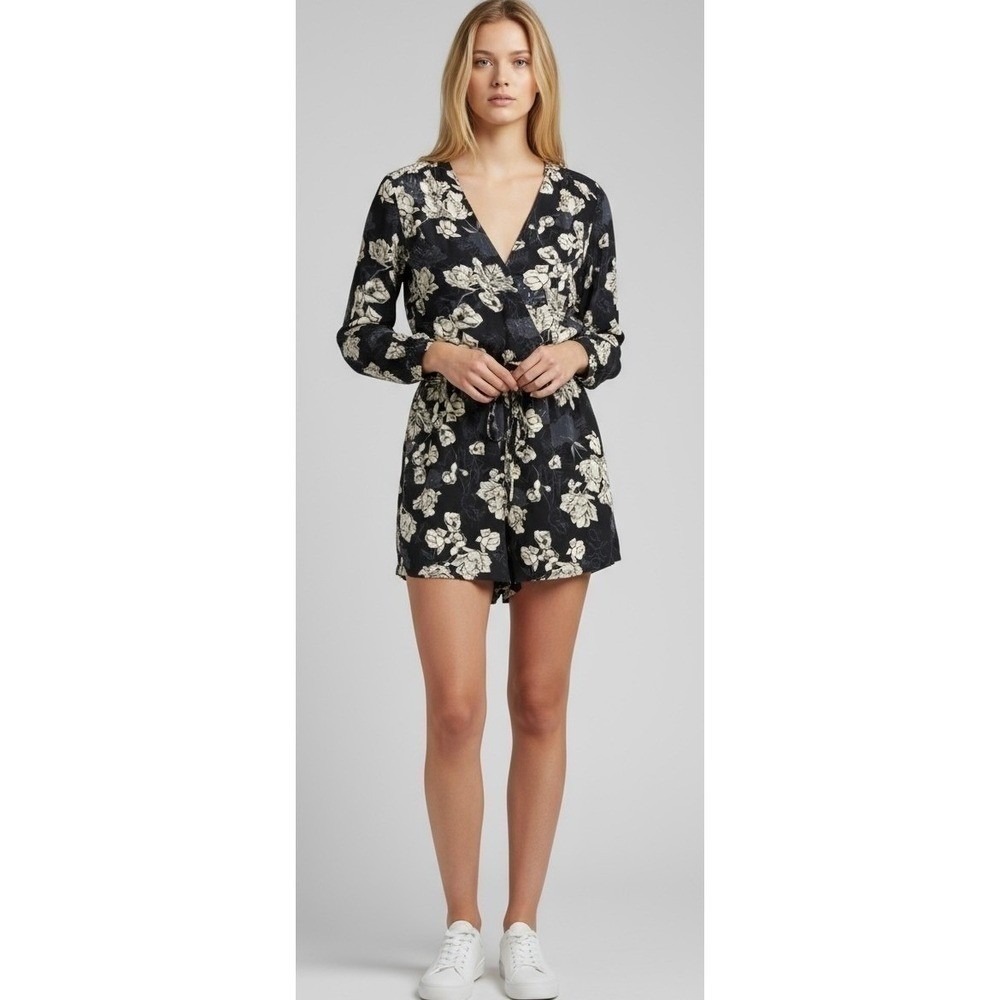 Rose & Olive Black Floral Print V Neck Long Sleeve Tie Waist Romper Jumpsuit